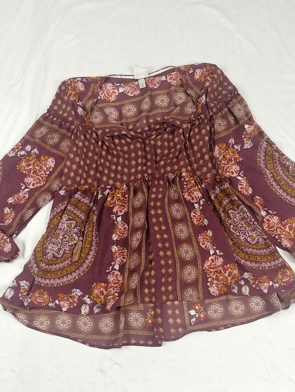 Knox Rose Baby Doll Blouse Women XXL Mixed Print Poet Sleeve Semi Sheer 